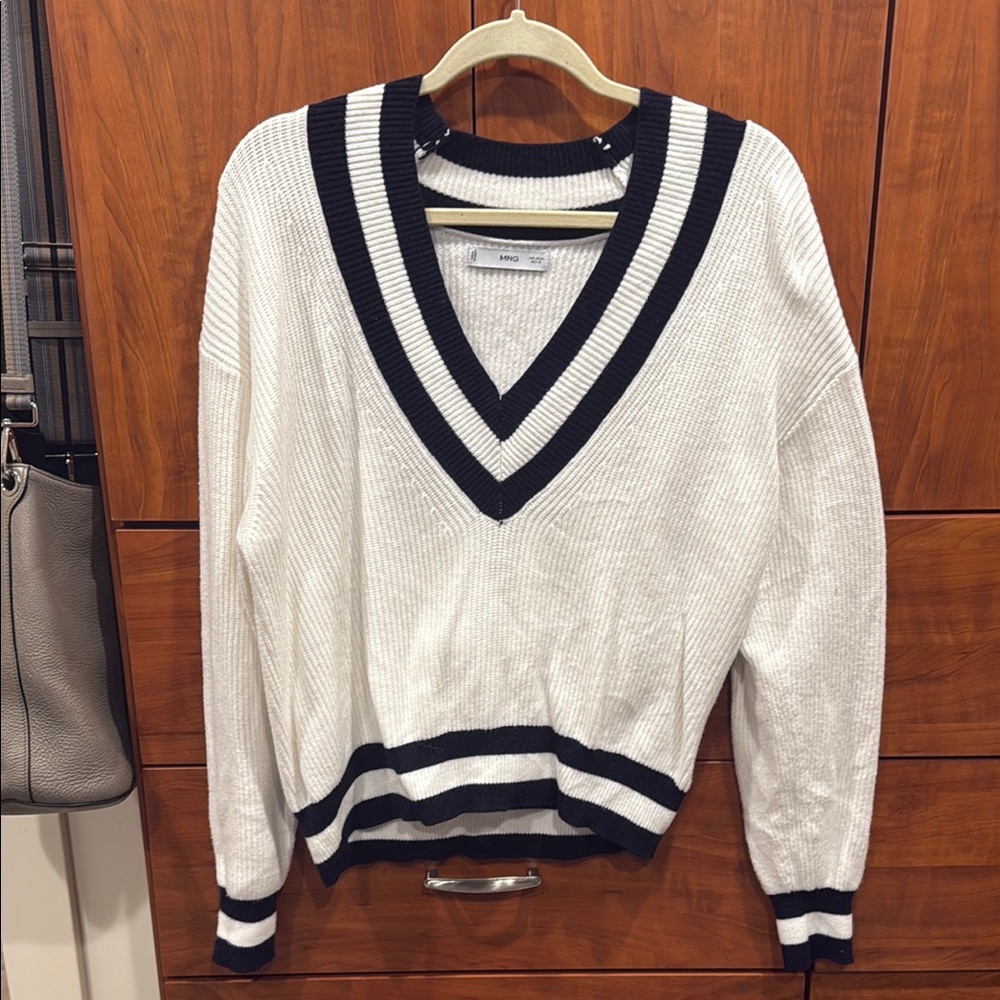 White and Black V-Neck Sweater